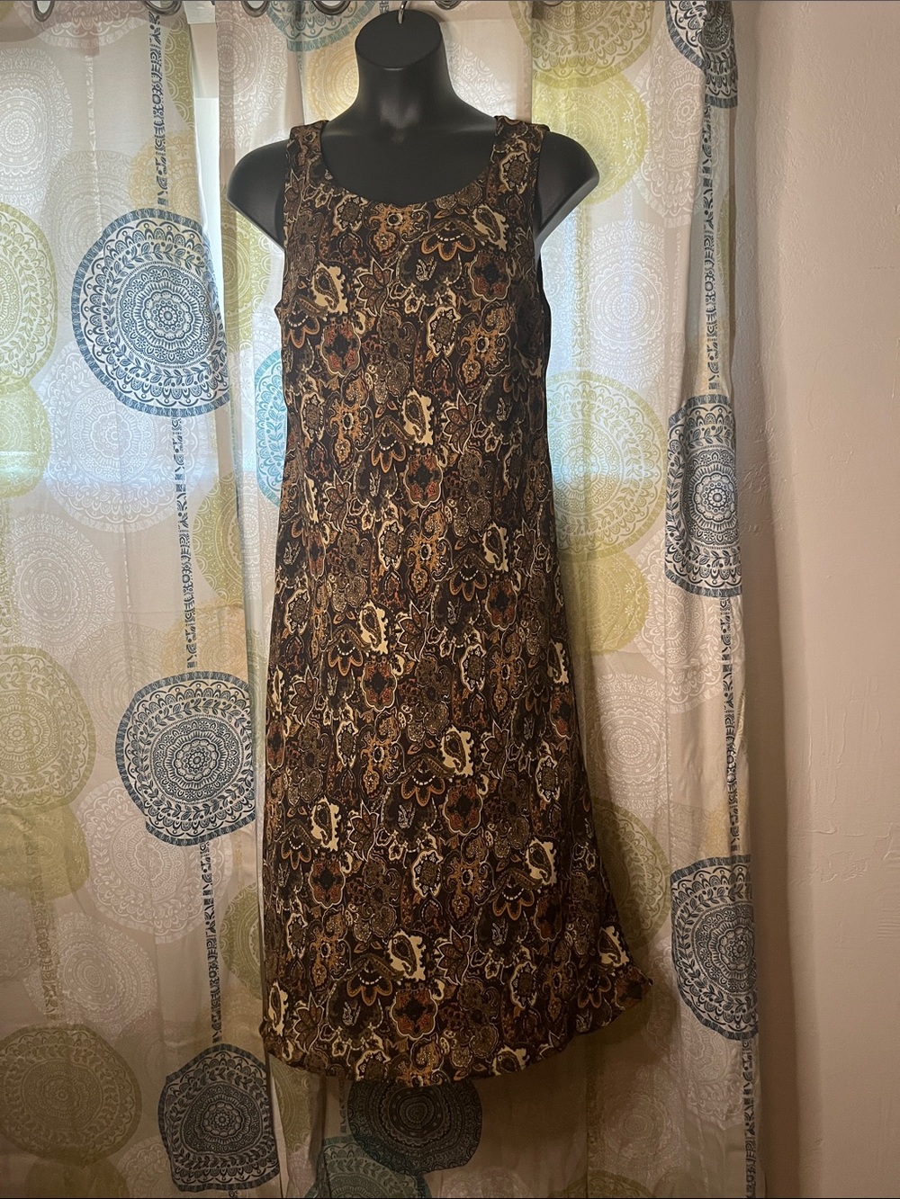 dressbarn Brown Dress with Orange and Gold Paisley Motif